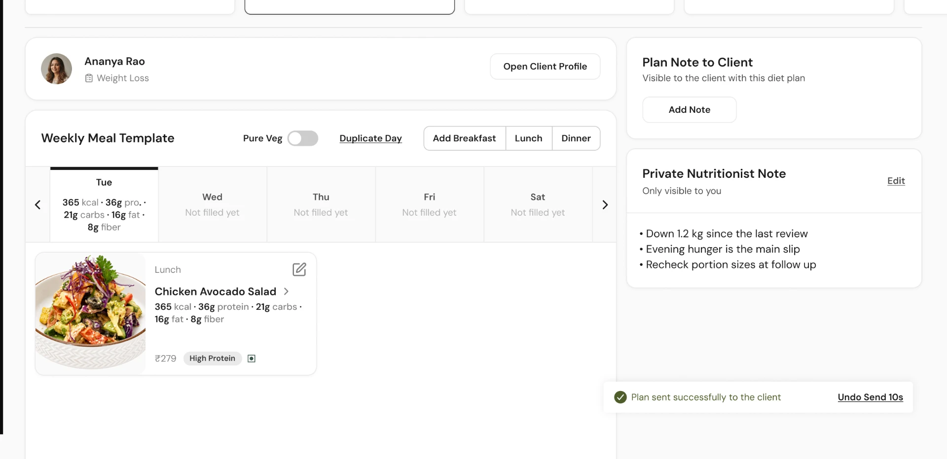 Nutritionist portal showing a plan sent confirmation toast with a 10 second undo action