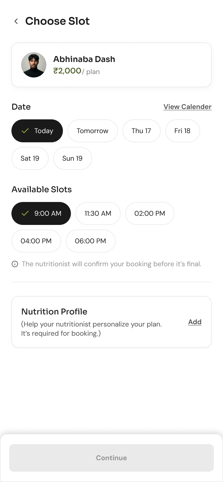 Choose slot screen with nutrition profile missing