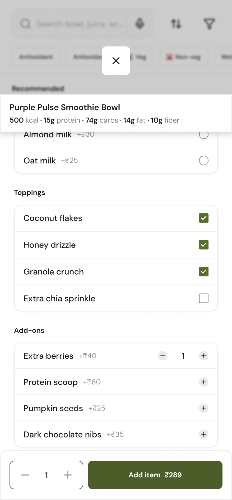 Meal customise sheet with add-ons