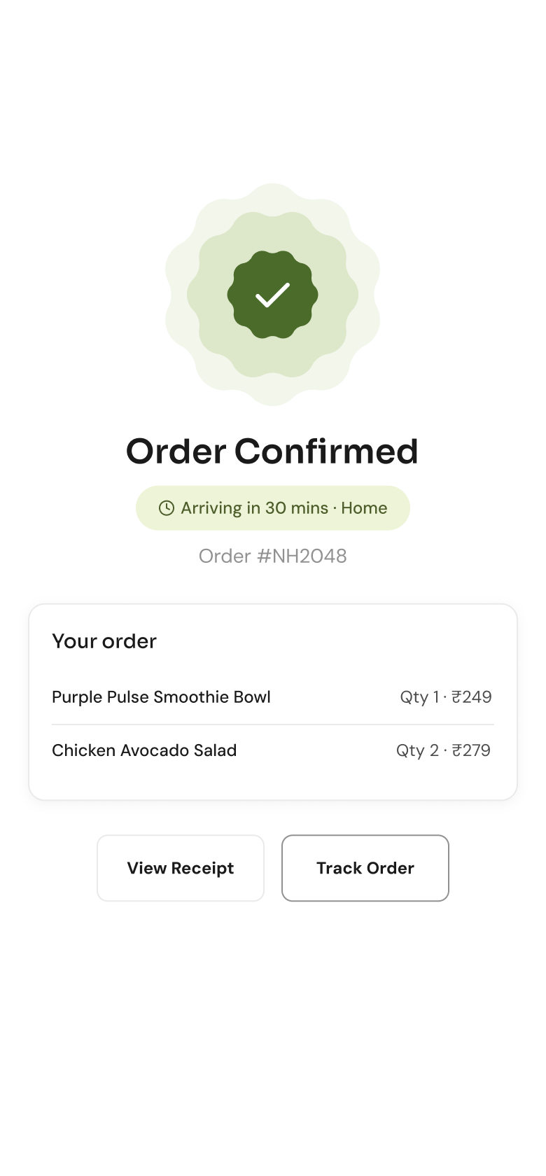 Order confirmed screen