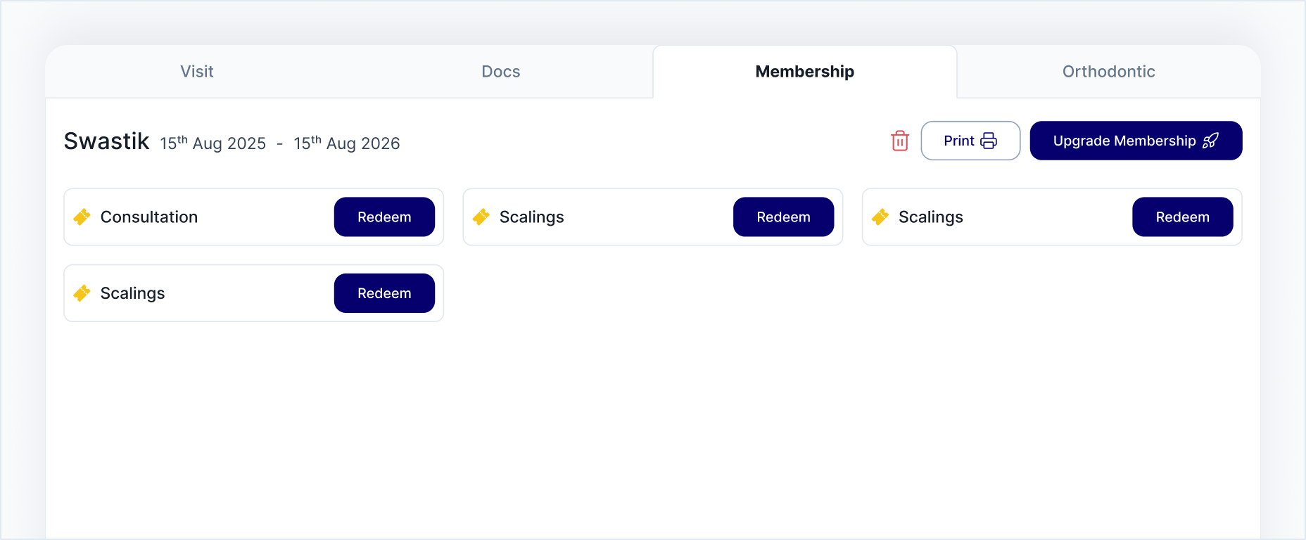 Membership tab showing plan status and redeemable services
