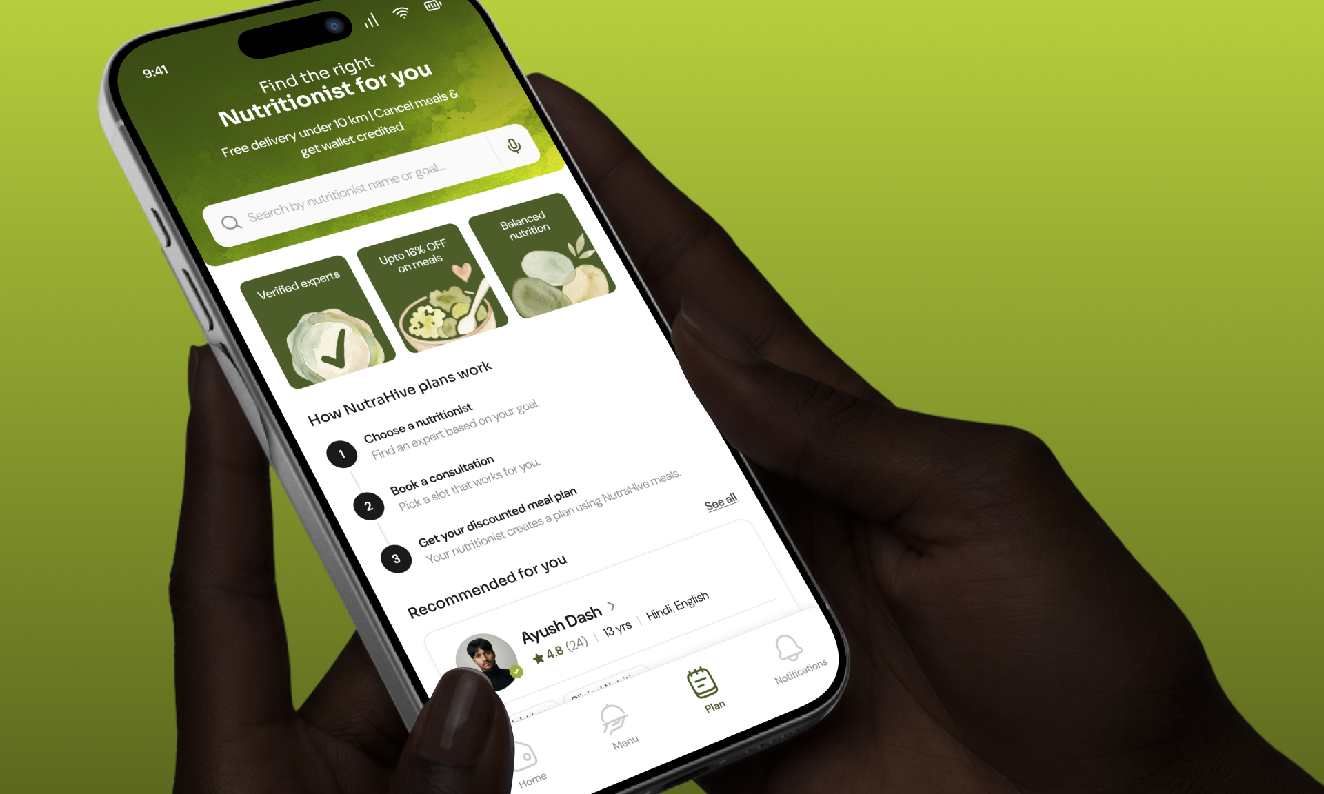NutraHive mobile app hero screen showing the nutritionist search and onboarding flow held in hand
