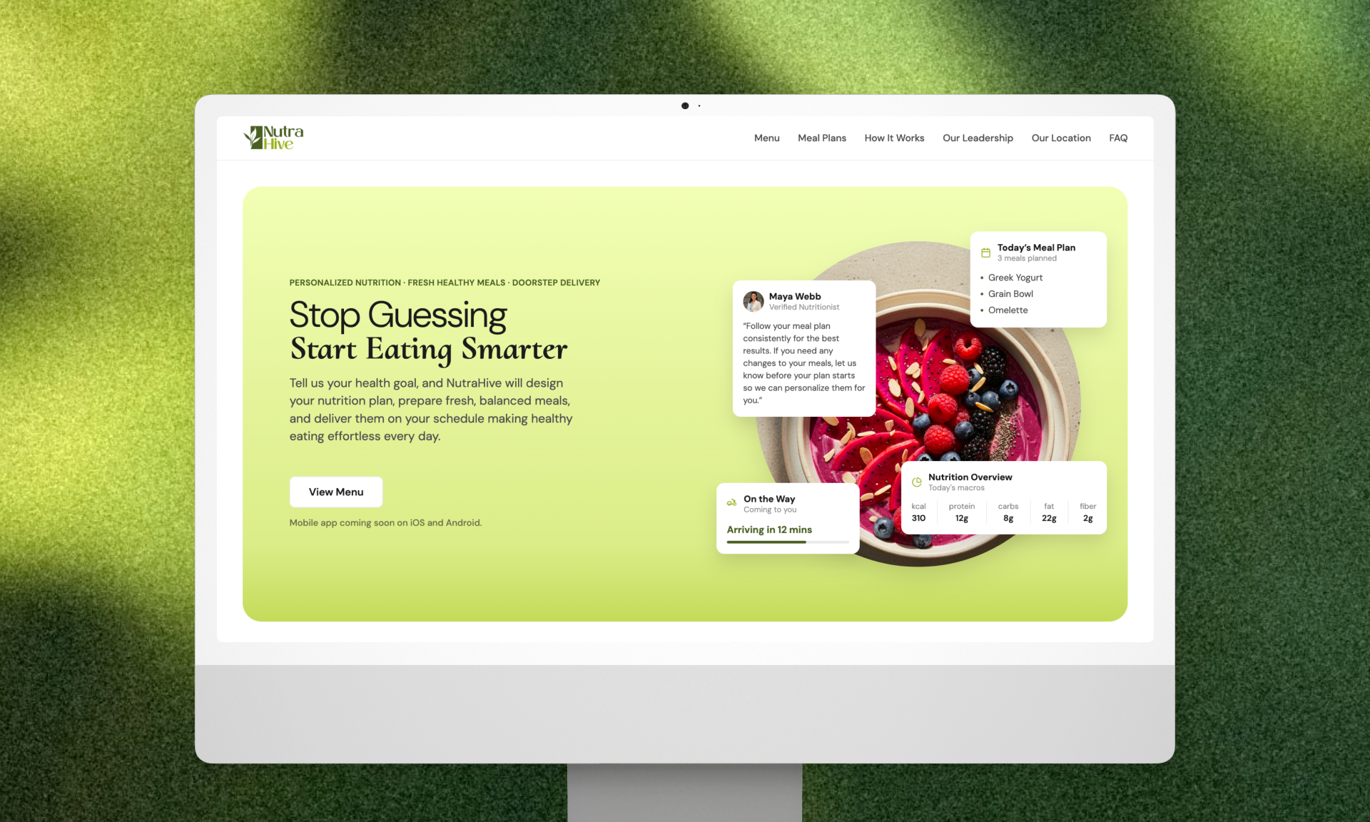 Designed, coded and shipped solo, a live site pulling real meals from the client's API