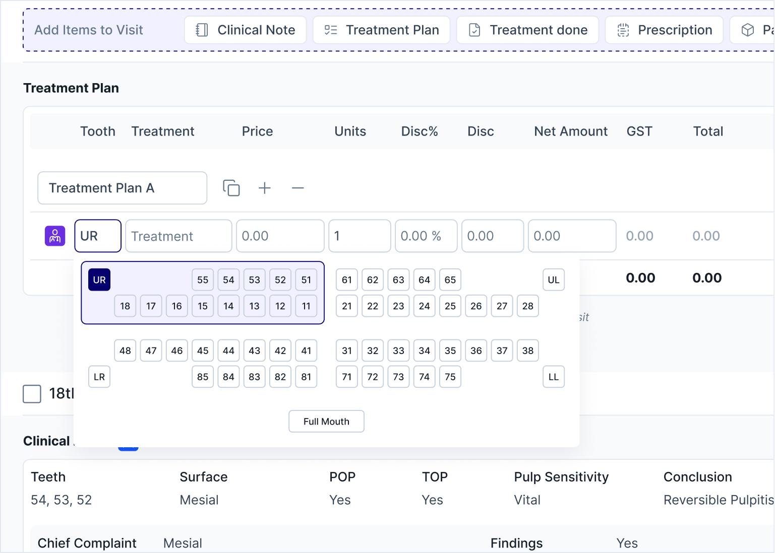Tooth selection grid for choosing affected teeth