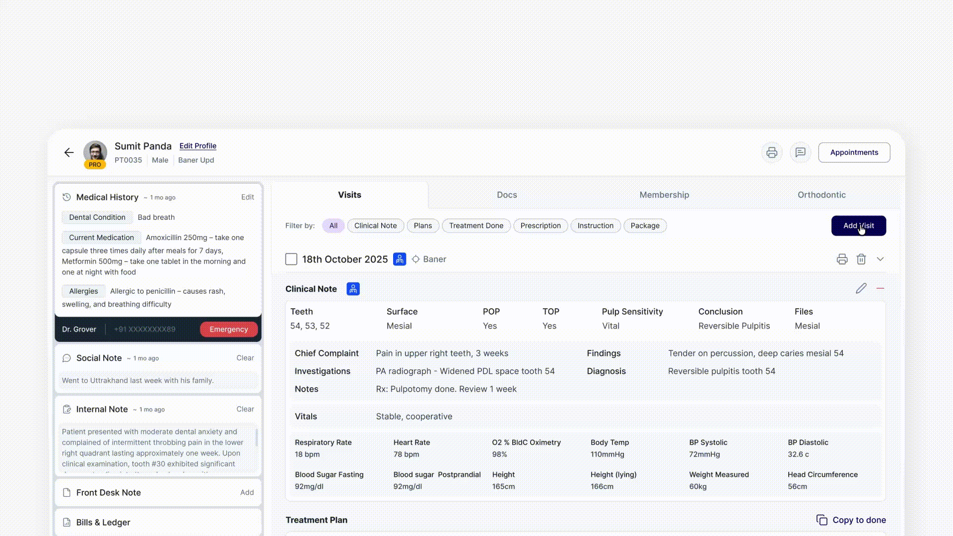 Adding a treatment plan entry with downward motion feedback